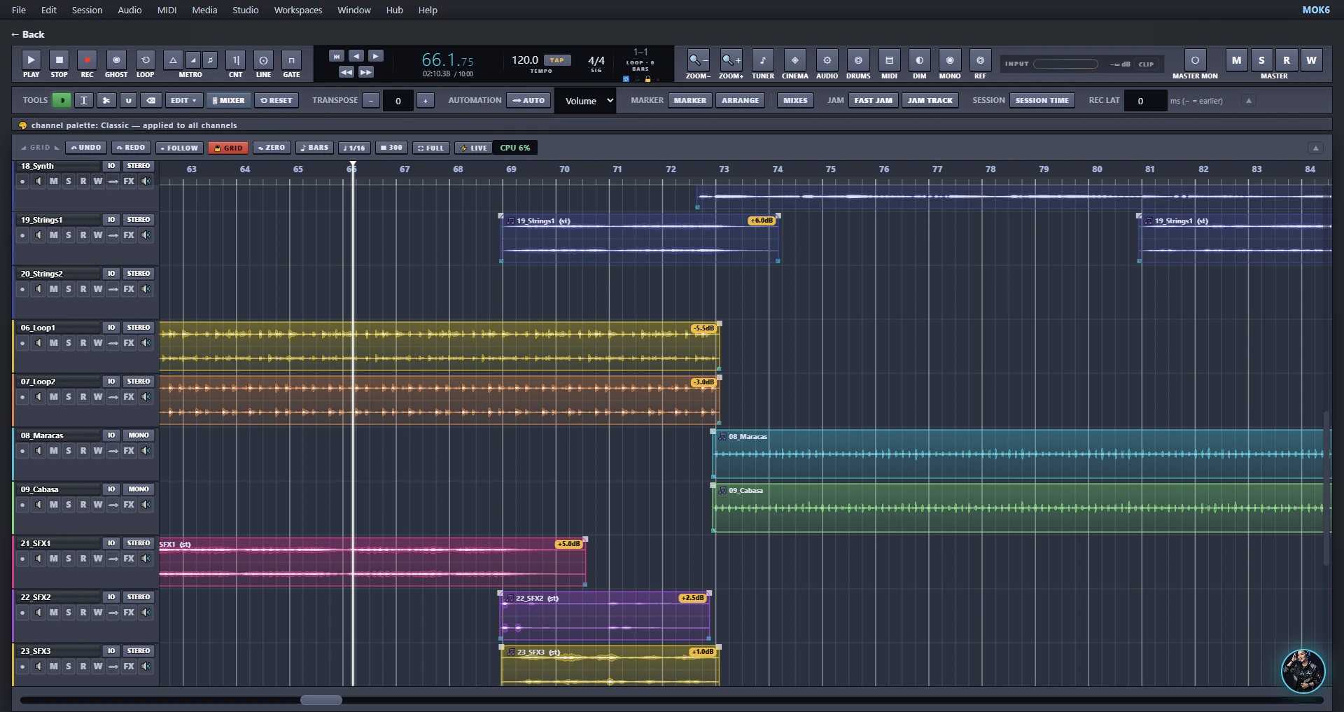 Session Bud arrange view: synth, strings, loops, maracas, cabasa and SFX channels on the timeline, each clip in its own color, with the playhead running