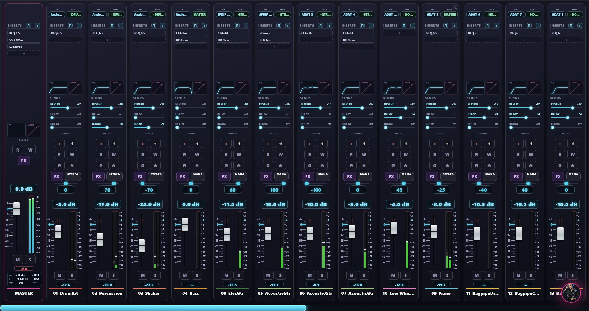 The mixer in Cinema mode: a purple skin on every channel strip, EQ thumbnails, sends and meters glowing