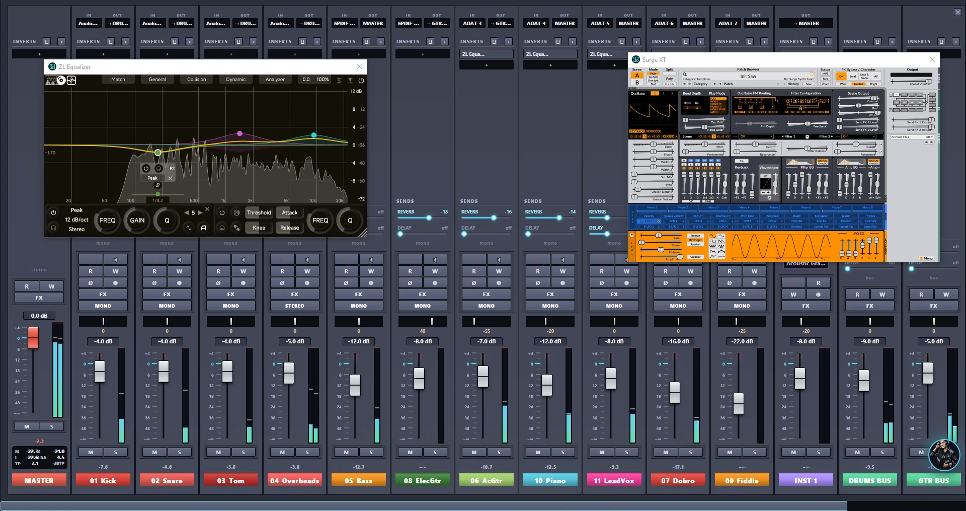 Session Bud full-screen mixer: a full band on channel strips with meters and sends, and the free ZL Equalizer and Surge XT plugin windows open above the console