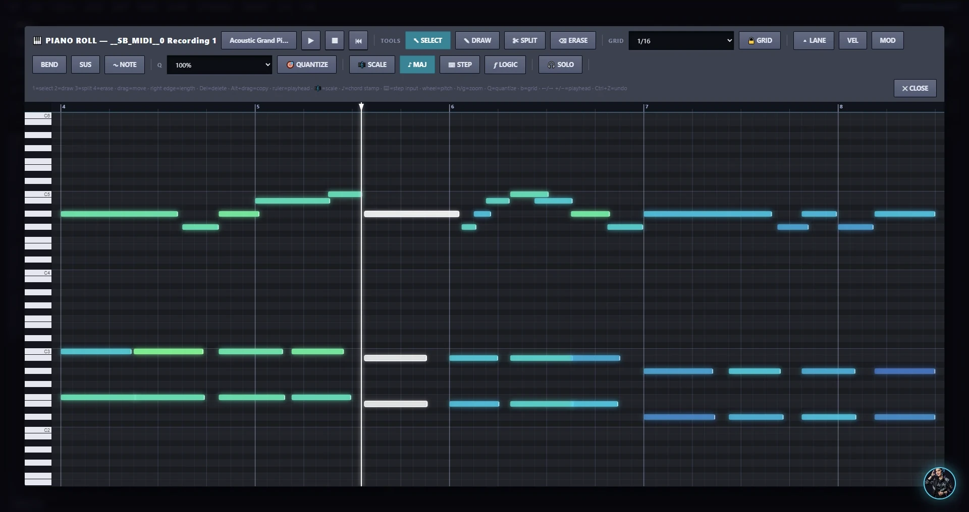 Piano roll editor with colored MIDI notes on a grid, select, draw, split and erase tools, quantize, scale and step buttons