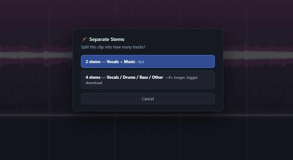 Separate Stems dialog over a waveform: 2 stems, vocals and music, or 4 stems, vocals, drums, bass and other
